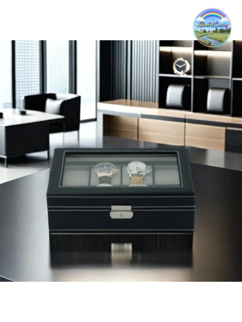 8 Slot Oversized Watch Display Case Glass Top Faux Suede Lining Lock & Key